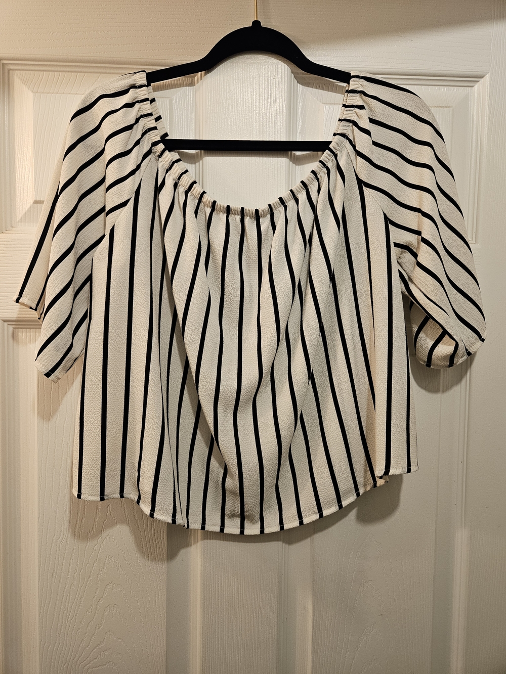 Ambiance White Off-Shoulder Blouse with Black Stripes